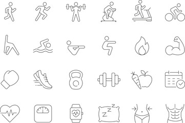 Collection of clean line icons representing various forms of physical exercise and fitness activities