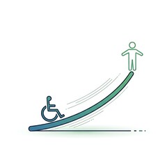 A graphic illustration of overcoming obstacles and achieving success, depicted by a person in a wheelchair ascending a rising ramp and a second person reaching a higher elevation.