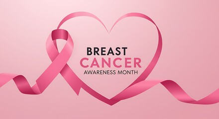 Pink ribbon forming a heart shape for breast cancer awareness month on a pink background