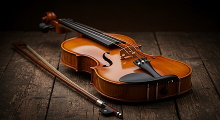 Fototapeta premium A beautifully crafted wooden violin and bow resting on a rustic wooden surface, bathed in warm, dramatic lighting.