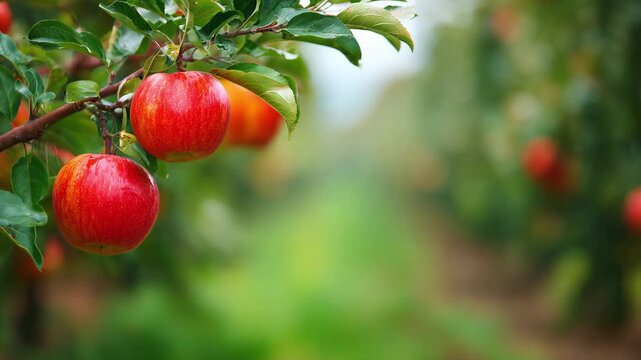 Ripe red apples dangle from branches in an orchard surrounded by lush greenery during the peak of the harvest season