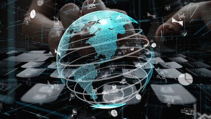 A captivating digital representation of a globe intertwined with data analytics and technology elements against a sleek keyboard background, symbolizing innovation and connectivity. Xenic