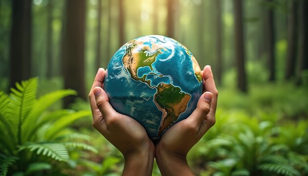 Hands cradle Earth in rich forest setting, conservation, global environmental awareness. Visual emphasizes sustainable action, biodiversity, planet future. Represents human responsibility towards