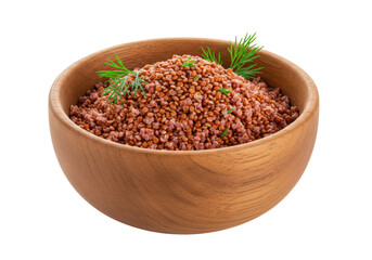 Isolated wooden bowl filled with cooked red quinoa, garnished with fresh dill sprigs