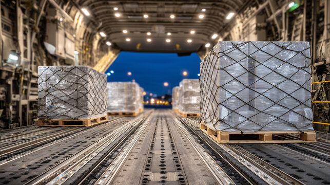 Wide-angle interior view of aircraft cargo bay filled with pallets wrapped in netting, heavy steel rails guiding containers, industrial lights glowing softly above