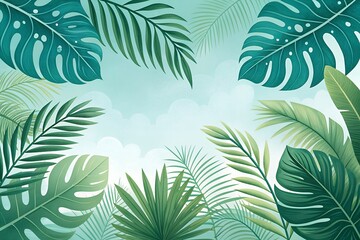 Vibrant tropical green leaves frame a soft blue sky background