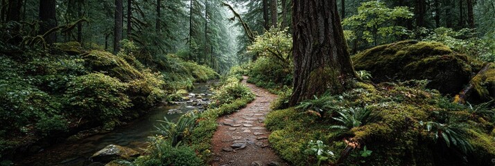Obraz premium Peaceful forest with sunlight rays through trees creating natural serene atmosphere
