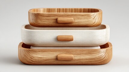 Wooden drawer unit emoji icon with three compartments and soft lighting