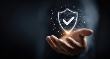 A hand holding a digital shield