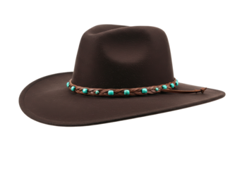 Isolated Australian brown slouch hat with turquoise bead detail against neutral backdrop