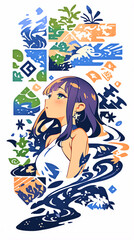 物思いにふける女の子、イラスト、パッチワーク