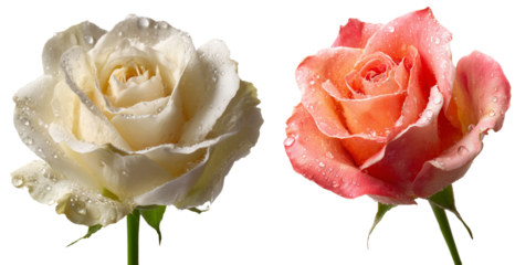 Duas rosas borrifadas com gotas de água em fundo transparente, Rosa branca, e rosa rosa.