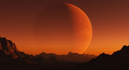 Crimson Planetscape Jagged Peaks and a Giant Lunar Orb in a Fiery Sky