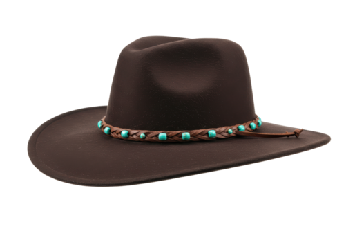 Isolated Australian brown slouch hat with turquoise bead detail against neutral backdrop