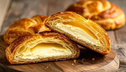 Freshly baked cheese croissants on a wooden board