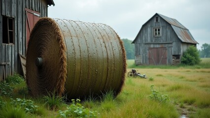 Weathered hay baler with rainwater droplets near an old barn surrounded by lush greenery, capturing a reflective rural scene for agricultural themes.