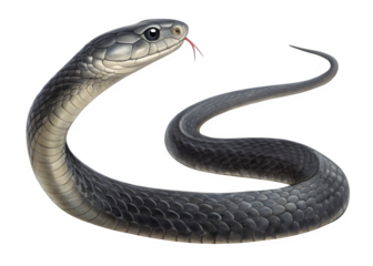 Black mamba snake with tongue sticking out isolated on transparent background