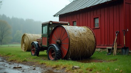 Rustic hay baler with water droplets beside traditional red barn on a gloomy day, showcasing rural tranquility and agricultural beauty for stock photo use.