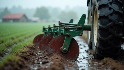Tractor plough with raindrops in rural landscape during light drizzle, showcasing agricultural serenity for farming, environmental education, or climate awareness content.