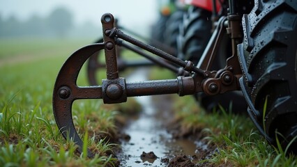 Detailed shot of metal plough with raindrops in rural field with wet grass, illustrating agricultural machinery and weather conditions for farming photography or educational purposes.