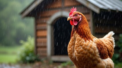 Close-up of a soaked chicken standing in rain next to a cozy henhouse, evoking vulnerability and resilience for agricultural and wildlife awareness content.