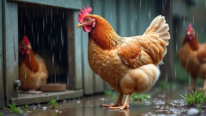 Close-up of a ruffled chicken getting wet in the rain beside a rustic henhouse, capturing the emotional impact of weather on farm life for stock photo use.