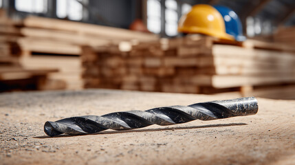Strong composition of drill bit pointed toward camera, drill body textured with scratches, background filled with stacked lumber and blurred hard hats