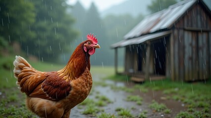 Curious chicken standing in rain near old henhouse, focused close-up capturing details of moisture and ambiance for wildlife photography, agricultural themes, or nature awareness