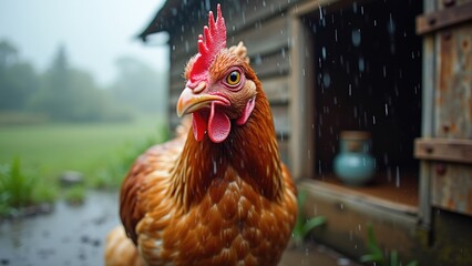 Close-up of a wet chicken in the rain beside a rustic henhouse, capturing serene rural beauty for animal photography and eco-awareness content.