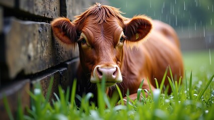 Close-up of a wet brown cow nestled against a wooden fence in gentle rain, showcasing the beauty of rural life and animal comfort for nature photography enthusiasts.