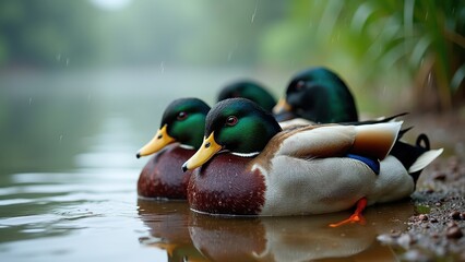 Ducks huddled together on the edge of a serene pond during rain, capturing tranquility and nature's beauty for wildlife enthusiasts and environmental awareness.