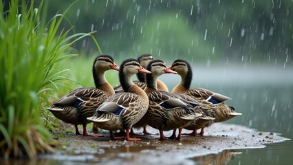Group of ducks seeking shelter from the rain at a serene pond surrounded by lush greenery, depicting the beauty of nature during a rainstorm.