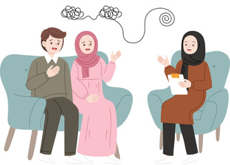 muslim couple counseling together with therapist