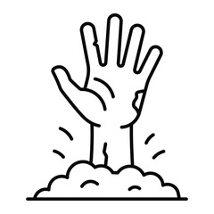 Zombie hand rising from ground vector icon. Black line art of scary undead arm emerging from grave. Halloween horror symbol for spooky design.