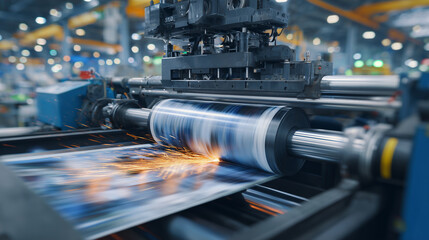 Industrial rollers pressing thick sheet metal, sparks faintly glowing at edges, mechanical precision highlighted by close-up perspective