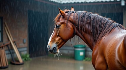 Horse shaking wet mane under heavy rain in stable yard, capturing the vibrance of the moment for equestrian storytelling, wildlife, or climate awareness content.