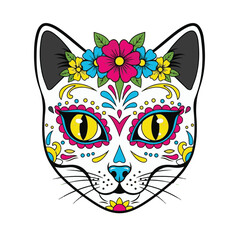 Face of a cat with wings, vector of a colorful cat skull design, often associated with Day of the Dead celebrations. 