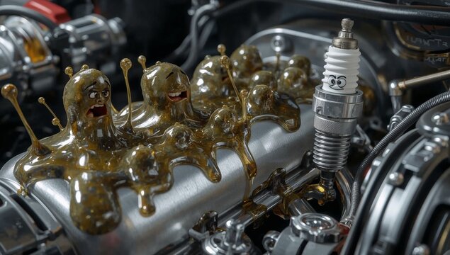 A fantastical close-up of a vintage engine with whimsical, expressive elements, the artwork blends machine aesthetics with imaginative figures.