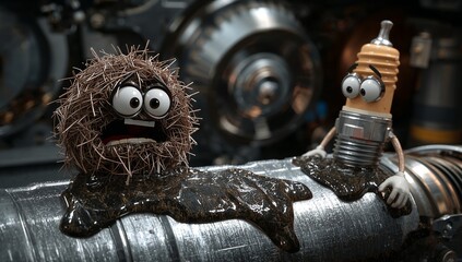 Whimsical machine characters, a spark plug and a fluffy, earthy creature, find themselves amidst the metallic depths of a machine, engaging in a moment of playful, expressive interaction.