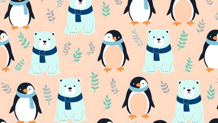 Polar Bear & Penguin Friends Winter High-End Textile Studio Seamless Pattern / 