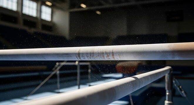 Gymnastics parallel bars in a dimly lit gymnasium with chalk dust particles floating in the air creating a dramatic atmosphere for athletic training and competition