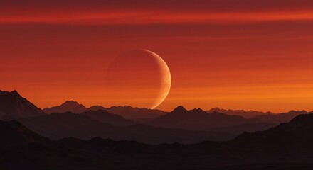 Crimson Horizon Crescent Moon Over Dark Mountain Ranges at Dusk