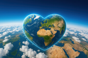 Planet Earth in the shape of a heart, trying to protect the ozone layer