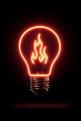 Neon light bulb with flame design glowing against a dark background, symbolizing creativity