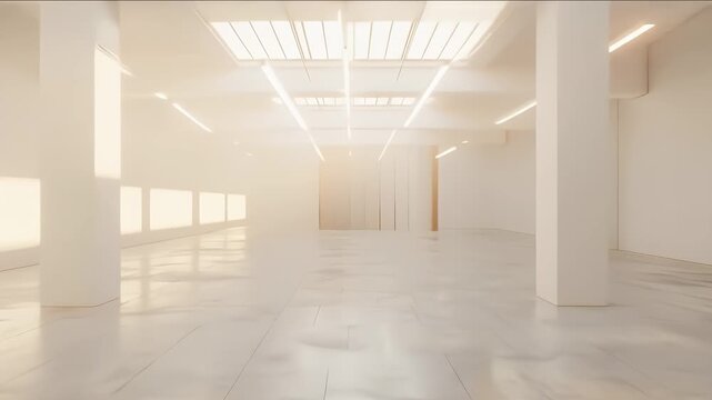 白い背景のモダンな建築空間のインテリアデザインと床の幾何学的な反射
