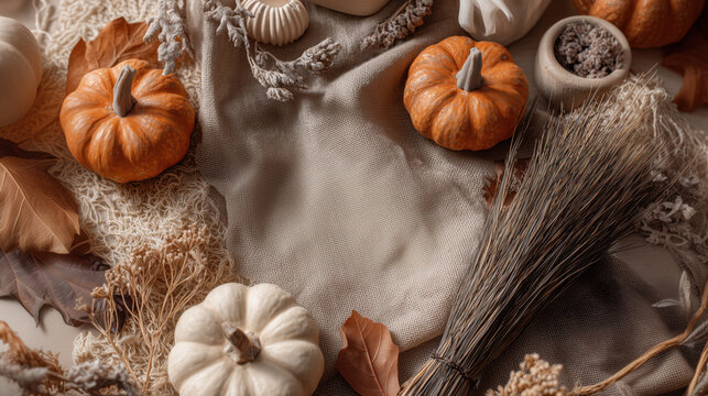 Halloween background with copy-space for text. Rustic table with decorations like mini pumpkins, dried leaves, witch props, warm moody lighting. Top view.