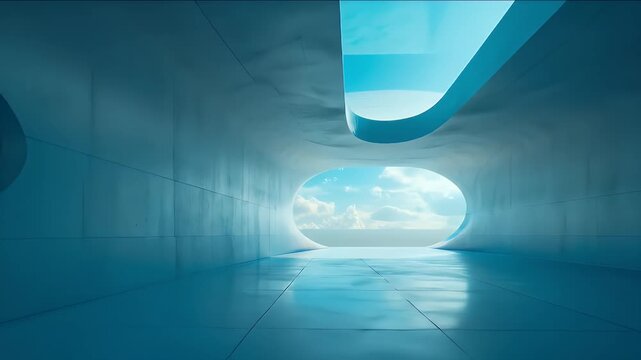 明るい青空の背景に湾曲した幾何学的な白いトンネルのインテリア
