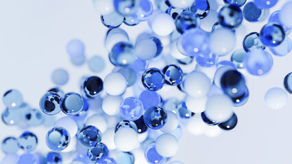 3D Blue colored marbles particles close up