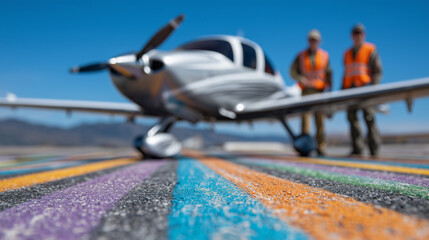 Patchwork details of asphalt showing color contrasts and wear, small aircraft aligned on runway, pilot smiling while performing pre-flight inspection