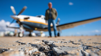 Asphalt patchwork cracks detailed in foreground, regional aircraft sharply in focus further down the tarmac, pilot standing confidently beside plane door